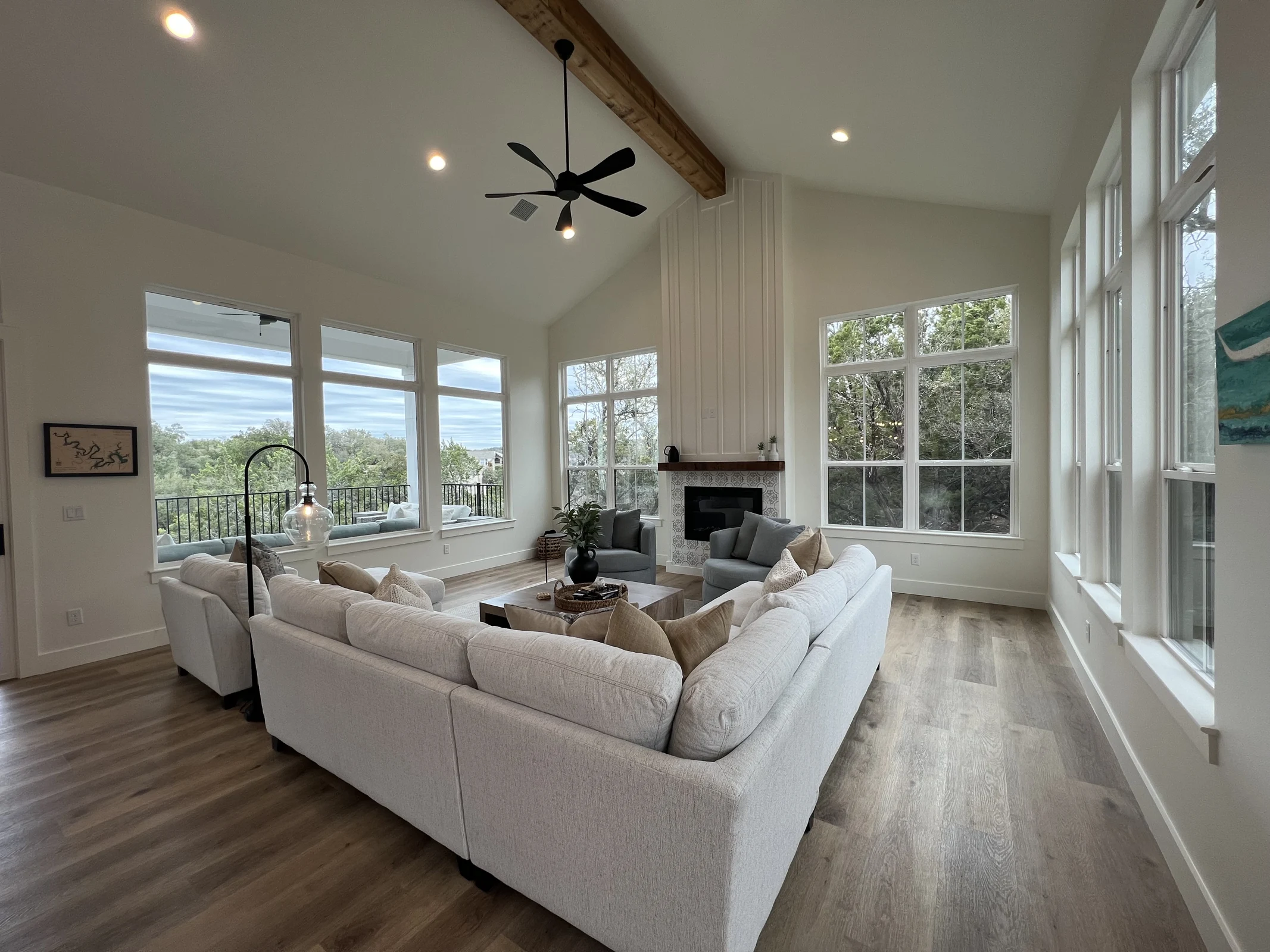 Light-filled family room surrounded by large windows